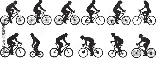 Silhouettes of Cyclists in Motion on Bicycles in Two Rows bike riding