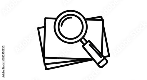 A minimalist black and white depiction of documents being examined with a magnifying glass presented as a silhouette high quality professional