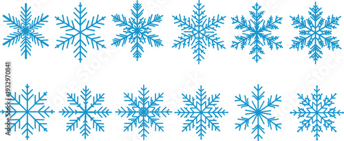 Blue snowflake collection set, winter frozen crystal icons, geometric ice shapes, cold weather decoration design, minimal vector illustration