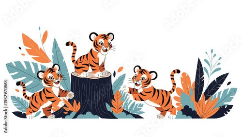 Three playful tiger cubs explore a tropical jungle filled with large colorful leaves and an old wooden tree stump.
