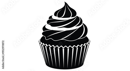 A strikingly detailed black silhouette of a frosted cupcake showcasing its swirling layers and paper liner silhouette high quality