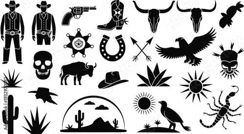 Wild West and desert culture silhouettes with cowboys, revolver, bison, eagle, cactus, skull, sheriff badge, and scorpion designs
