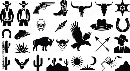 Wild West cowboy and desert culture silhouettes with revolver, bison, eagle, cactus, skull, sheriff badge, and scorpion designs