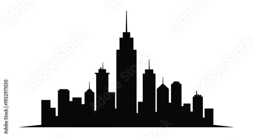 A striking black cityscape featuring several prominent skyscrapers against a plain white backdrop a bold silhouette high quality professional