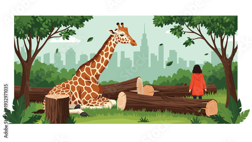 Giraffe rests on the ground in a forest area where several trees have been cut down leaving wooden logs behind.