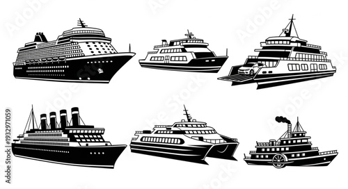Collection of various ship illustrations showcasing different vessel designs and styles for maritime themes.