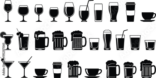Large set of drink and beverage icons featuring beer mugs, wine glasses, cocktails, coffee cups, and juice glass vector silhouettes.