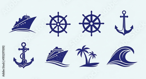 Nautical themed icons featuring ships, anchors, steering wheels, waves, and palm trees.