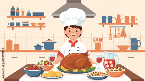 Young boy dressed as a professional chef stands behind a table laden with a roasted turkey and various festive dinner dishes.