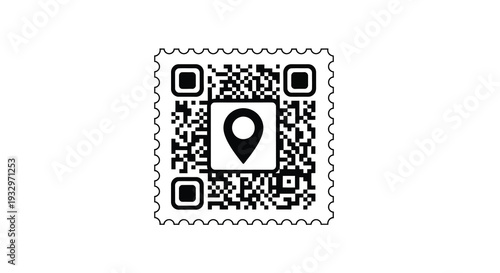 A black and white depiction of a postage stamp containing a qr code and location pin silhouette high quality