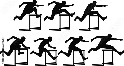 Set of male athlete silhouettes jumping over hurdles, track and field competition icons, runner sprinting vector graphics for sports posters.