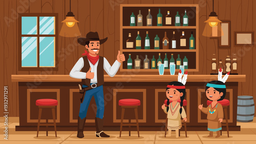 Friendly cowboy gives a thumbs up while standing in a classic wooden saloon with two children dressed in traditional native attire.