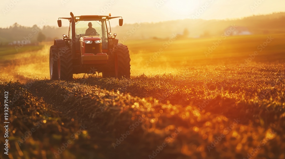 Fototapeta premium Tractor on field under warm sunset light