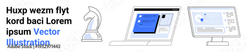 Business planning, cybersecurity tools, data analysis concepts, digital marketing, online strategy, technology. Knight chess figure, stylized laptop and computer screen. Business planning