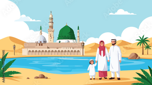 Muslim family of three walks together near a peaceful desert oasis with a grand white and green domed mosque in the background.