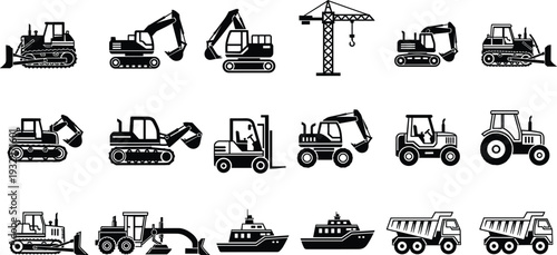 Construction and industrial vehicle silhouette icon set including excavator, bulldozer, crane, forklift, dump truck, tractor, ship, heavy machinery transport symbols