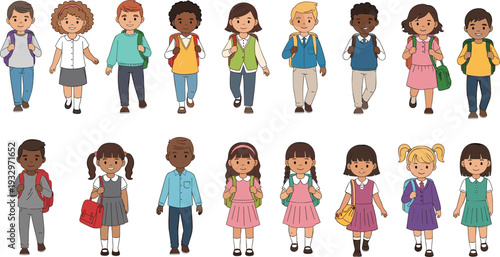 Cute school children characters set diverse kids walking with backpacks education illustration isolated