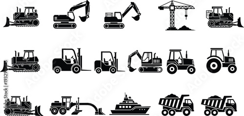 Construction machinery vector icons set, heavy equipment silhouettes including excavator bulldozer crane truck forklift tractor industrial vehicles