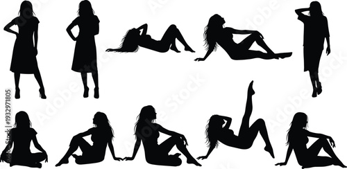 Set of female fashion model silhouettes in various sitting and standing poses, woman lifestyle vector icons for clothing design posters.
