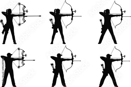 Set of male and female archer silhouettes shooting bows, compound and recurve bow icons
