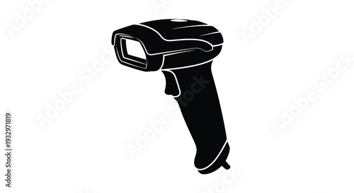 A striking black silhouette of a handheld barcode scanner showcasing its ergonomic design and technological form silhouette high quality