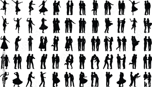 Black silhouette vector illustration showing diverse dance poses, couples dancing, solo movements, artistic performance, rhythm, choreography, expressive motion concept
