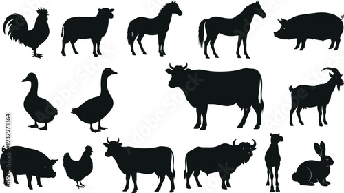 Farm animal silhouette icon set including cow, horse, pig, sheep, goat, chicken, duck and rabbit, rural agriculture livestock symbols