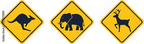 A set of animal crossing warning signs, featuring kangaroo, elephant, and deer silhouettes, for road safety illustration.