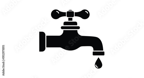 A stark black silhouette of a classic water faucet with a single droplet representing plumbing and water access silhouette