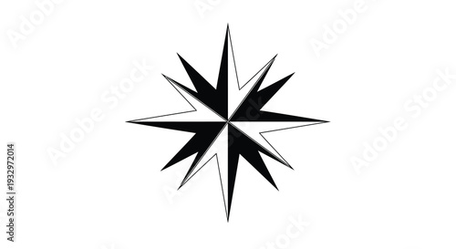 A striking black starburst compass rose design dominates a stark white background presenting a bold silhouette high quality professional