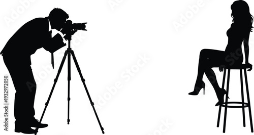 Silhouette of professional male photographer with camera on tripod taking photos of beautiful female model sitting on stool in studio.