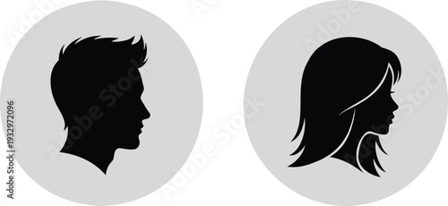 flavector male female profile silhouettes, hairstyle contrast icons, vector illustration of human head identity design