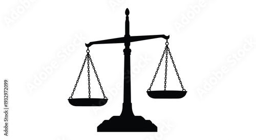 A striking black silhouette depicts traditional scales of justice symbolizing fairness and equilibrium with balanced pans silhouette high quality