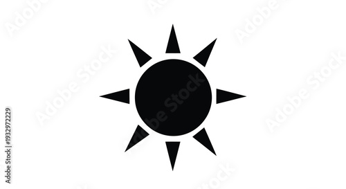A stark black silhouette of a sun with radiating rays representing intense heat or solar energy silhouette high quality