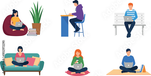 flavector remote work illustration, people using laptops in casual settings, vector design of digital lifestyle scenes