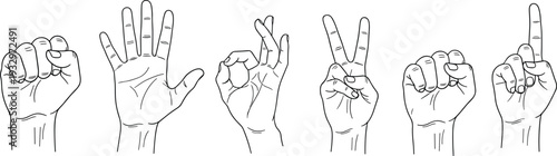 Hand gesture icon set, human hand signs and symbols, open fist finger poses, outline style communication vector illustration