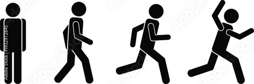 Human movement silhouette icon set showing standing, walking, running and jumping person poses, physical activity, exercise motion symbols and pictogram design
