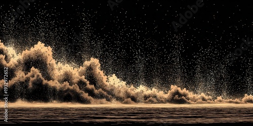 Una gran nube de polvo y arena marrón se eleva dramáticamente contra un fondo negro oscuro, creando un efecto de explosión o tormenta de arena.