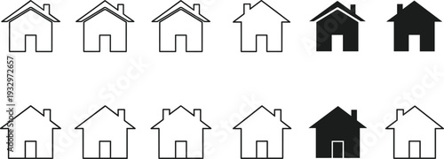 House silhouette icon set showing home building symbols, real estate property signs, residential architecture shapes and black outline vector collection
