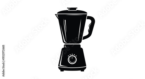 A stark black silhouette depicts a modern kitchen blender highlighting its form and functionality in a simple style silhouette
