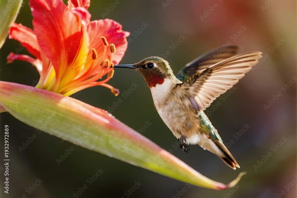 Fototapeta premium A hummingbird hovers near a vibrant red flower, feeding with its long beak.