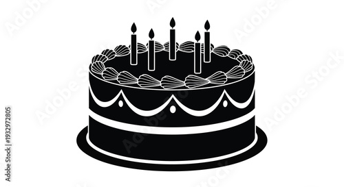 A delightful black and white illustration of a round birthday cake adorned with lit candles presented as a silhouette