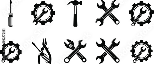 Mechanical tools silhouette icon set featuring wrench, hammer, screwdriver, gear and repair symbols for maintenance, workshop, construction and service design