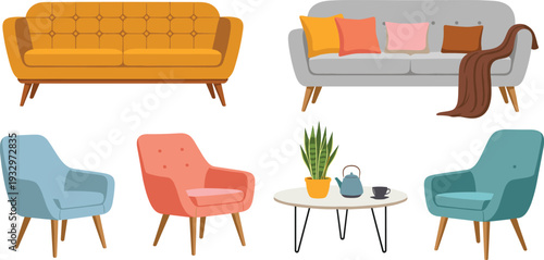 Modern living room furniture set with sofas, armchairs and coffee table, flat vector illustration of cozy home interior decor isolated on white