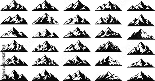 Mountain silhouette icon set featuring snow peaks, alpine landscapes, rocky hills and nature scenery symbols in black vector illustration collection
