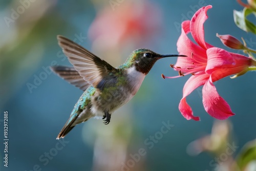 A hummingbird hovers near a pink flower, feeding on nectar with its long beak.