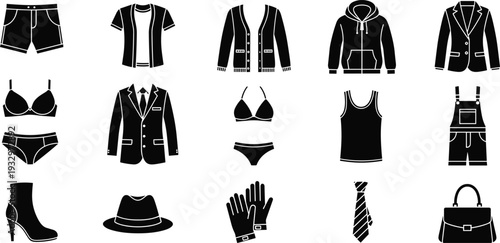 Clothing and fashion accessories icon set, garment vector collection, apparel silhouettes, isolated black outfit symbols, shopping graphics, textile wear icons,