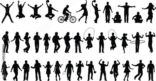 People activity silhouette icon set showing jumping, dancing, cycling, fitness exercises and joyful human poses for lifestyle, sport and motion concepts