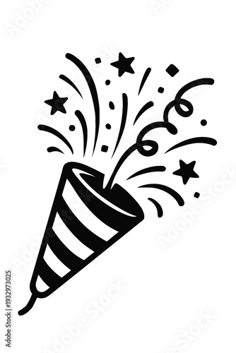 Vibrant black and white illustration of a festive party popper exploding with an exciting burst of confetti, streamers, and stars, perfect for celebrating birthdays, New Year's, anniversaries, graduat
