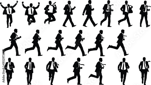 Set of running and walking businessman silhouettes in suit, black male figures showing motion, career growth, success and leadership concept isolated on white
